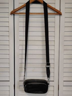 Black Pebbled Leather Crossbody Bag with Wide Adjustable Strap